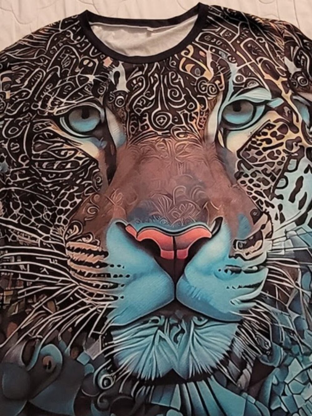 3XL-Stretch JaguarPanther Tribal All Over Print Long Sleeve Top-Teal Blk/Brw/Tan